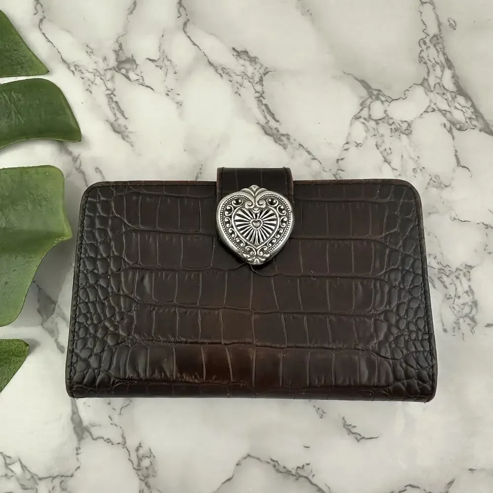 Brighton Vintage y2k Wallet Brown Leather Silver Heart Buckle Croc Texture
